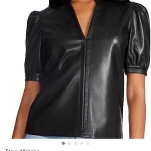 Steve Madden Black Faux Leather Puff Sleeve Jane Top